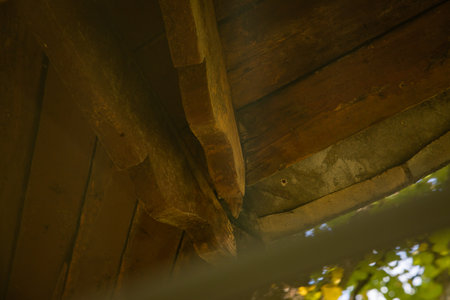 Wooden roof ridge. decorative edge of wooden roof boards on an autumn day.