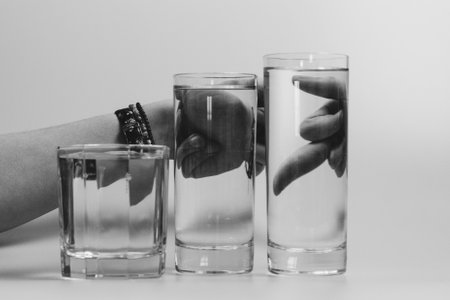Still life with a woman's hand on a white background, in front of which are glass glasses with...
