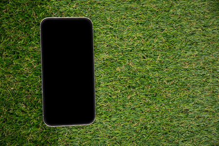 The smartphone is turned off and lies on the green grassの写真素材