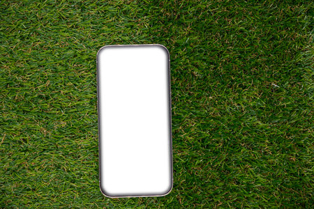 Close-up of smartphone with mockup in green grass. Top view. Natural background.の写真素材