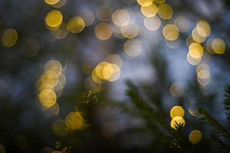 Black background with golden light effects. Horizontal background with blur bokeh effects for christmas time. Special occasion concept with space for text.の写真素材
