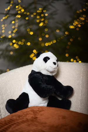 toy panda with a red gnome's Christmas hat is sitting on a white sofa near green fir trees in which the lights that create a bokeh effect are installed in the backgroundの写真素材
