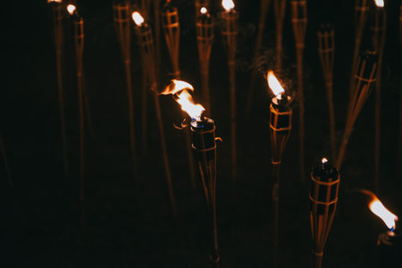 Close-up of burning bamboo torches glowing in the dark night. Warm flames and deep shadows create a dramatic, atmospheric scene ideal for themes of survival, ritual, outdoor events, or tropical ambiance.