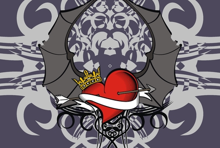heart winged bat skull tattoo card in vector formatのイラスト素材