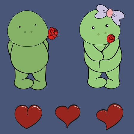 turtle baby love cartoon rose valentine set in vector formatのイラスト素材