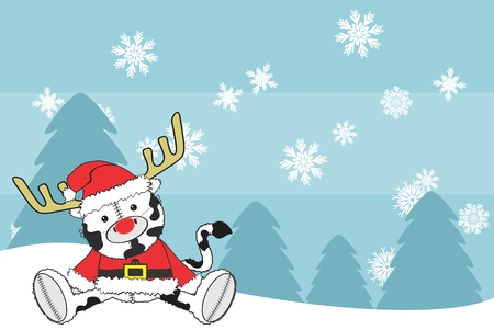 cute litle cow plush santa claus costume xmas background in vector formatのイラスト素材