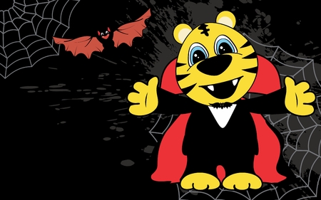 Cute little tiger hug dracula costume halloween backgorund in vector formatのイラスト素材