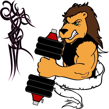Lion cartoon illustration lifting weights.のイラスト素材
