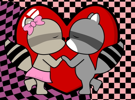cute little boy and girl kissing raccoon cartoon valentine background in vector format very easy to editのイラスト素材