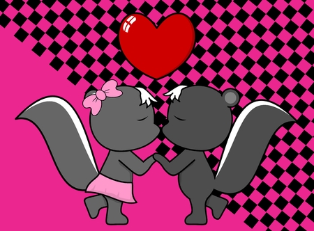 cute little boy and girl kissing skunk cartoon valentine background in vector format very easy to editのイラスト素材