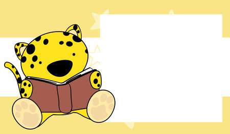 cute baby jaguar kawaii character cartoon reading book picture frame background illustrationのイラスト素材
