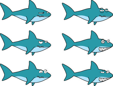 funny shark character cartoon expressions set illustration in vector formatのイラスト素材