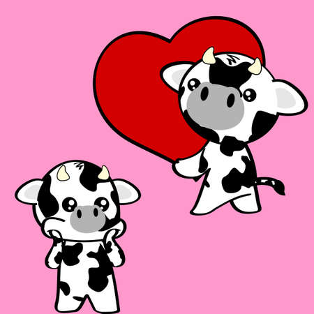 cute kawaii cow character cartoon valentineÂ´s day collection illustration in vector formatのイラスト素材