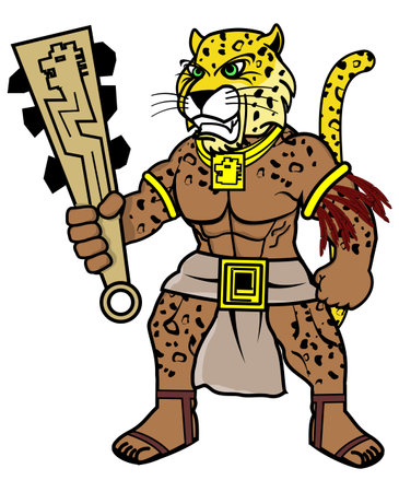 muscle mexican leopard warrior aztec character cartoon illustration in vector formatのイラスト素材
