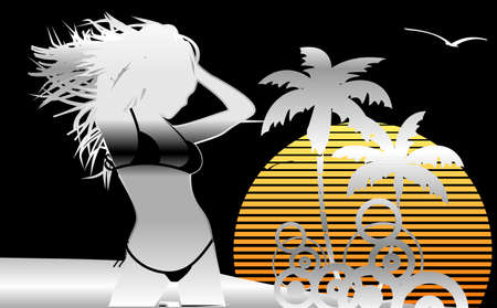 chrome retro style tropical hawaii pretty girl background illustration in vector formatのイラスト素材