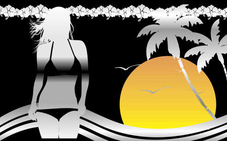 chrome retro style tropical hawaii pretty girl background illustration in vector formatのイラスト素材