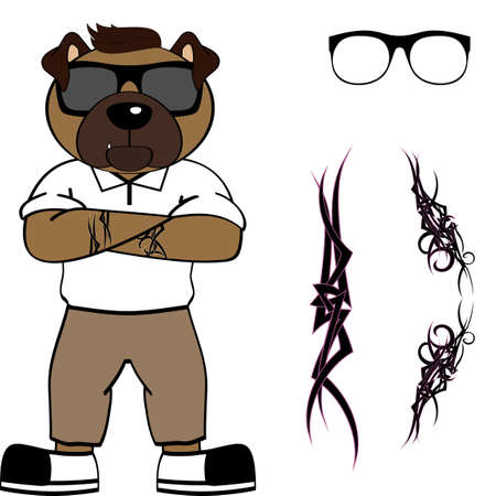 cool hipster bull dog character cartoon tribal tattoo set collection illustartion in vector formatのイラスト素材