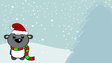 xmas background chibi standing baby sheep cartoon illustration postal in vector formatのイラスト素材
