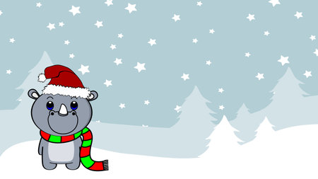 xmas background chibi standing baby rhino cartoon illustration postal in vector formatのイラスト素材