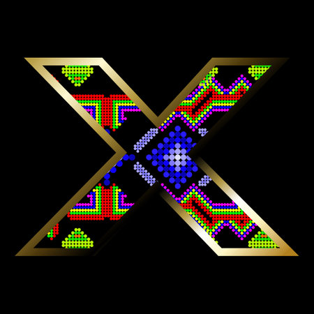 X golden alphabet letter mexican huichol art illustration colorful in vector formatのイラスト素材