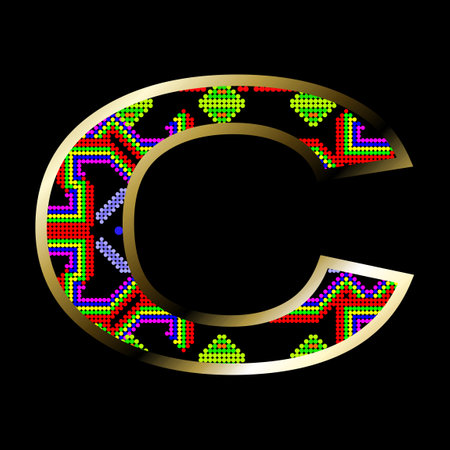 C golden alphabet letter mexican huichol art illustration colorful in vector formatのイラスト素材