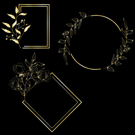 golden luxury flowers black lines tattoo set collection sticker illustration in vector formatのイラスト素材