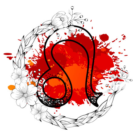 leo zodiac symbol tattoo watercolor splatter flowers lines illustration in vector formatのイラスト素材