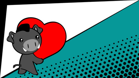 lovely little baby chibi boar cartoon, holdig big love red heart, background illustration in vector formatのイラスト素材