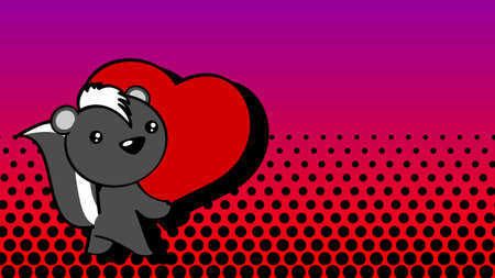 lovely little baby chibi skunk cartoon, holdig big love red heart, background illustration in vector formatのイラスト素材