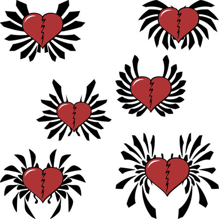 red winged heart tattoo ink sticker pack collection in vector formatのイラスト素材