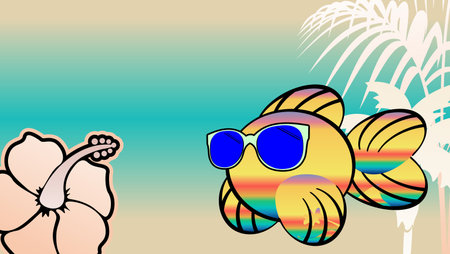 funny golden fish cartoon expression summer tropical background in vector format