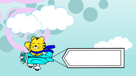 happy tiger kid character cartoon airplane banner background in vector artのイラスト素材