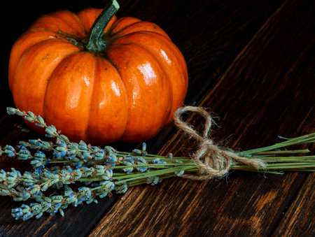 colorful sweet pumpkins on wooden backgroundの写真素材
