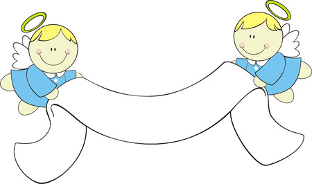 cute little angels with ribbon banner, ideal for christening greeting card.のイラスト素材