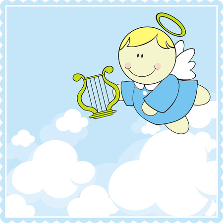 little baby cherub with harp in heavenのイラスト素材