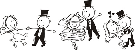 set of isolated cartoon bride and groom first dance wedding, ideal for funny invitationのイラスト素材