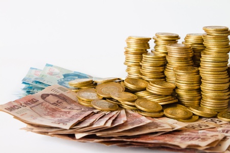 mexican pesos money, coins and bank notes whit copyspaceの写真素材