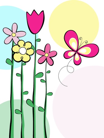 illustration of tall spring flowers and butterfly, in format very easy to edit, individual objectsのイラスト素材