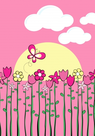 illustration of tall spring flowers and butterfly, in format very easy to editのイラスト素材