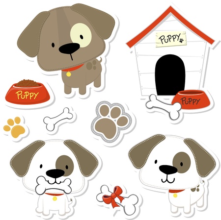 set of funny baby dogs and puppy elements like stickers, useful for many applications, your designs or scrapbooking projectsのイラスト素材