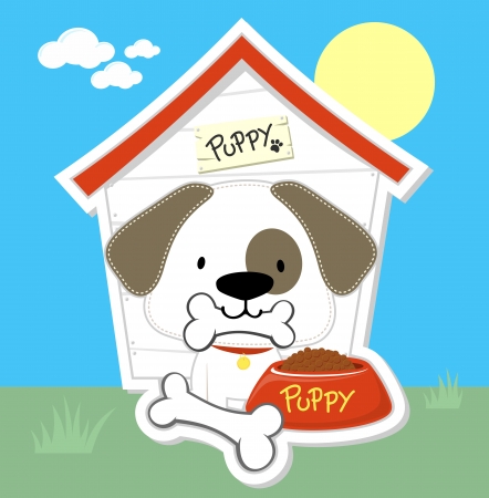 cute puppy eating and dog house, individual objects  in format very easy to edit のイラスト素材