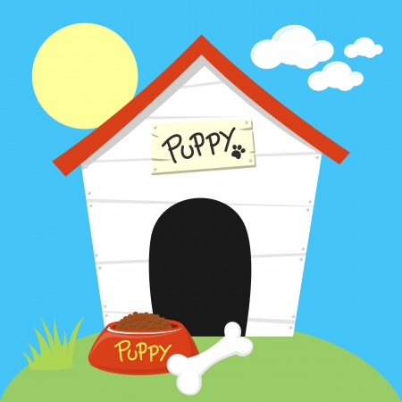cute dog house with dog food bowl and boneのイラスト素材
