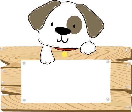 illustration of cute doggy with wooden blank boardのイラスト素材