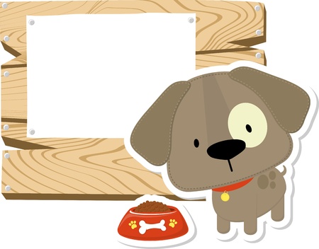 cute puppy and wooden blank board isolated on white background, usable to many applicationsのイラスト素材