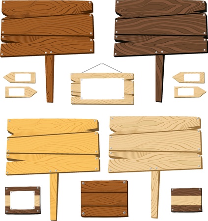 set of signboards and wooden objects isolated on white background, useful for many applications, in format very easy to edit, individual objectsのイラスト素材