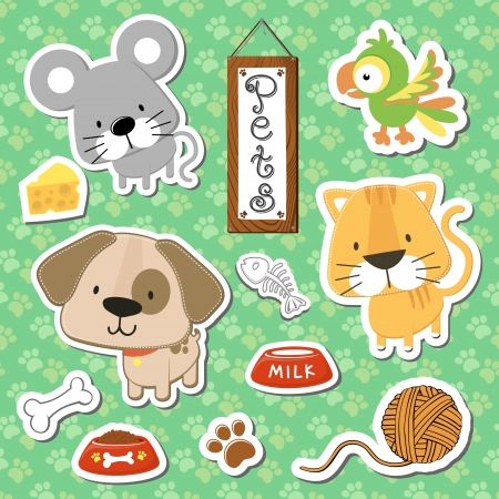 set of cute baby animals stickers on seamless pattern background, in format very easy to edit, individual objectsのイラスト素材