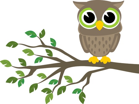 little cute owl sitting on a branch isolated on white background, format very easy to edit, individual objectsのイラスト素材