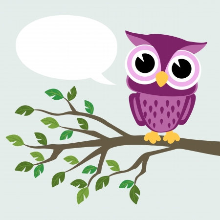 cute baby owl sitting on a branch with text balloonのイラスト素材