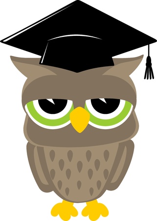 relaxed baby owl cartoon wearing a mortarboard isolsted on white backgroundのイラスト素材