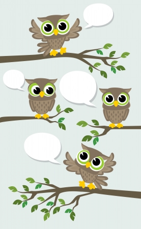 illustration of four cute owls meeting with text balloonsのイラスト素材